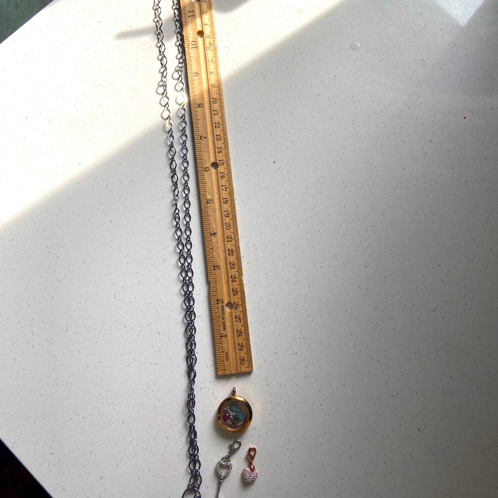 Origami Owl Necklace, two clasp charms, locket w/4 small charms inside